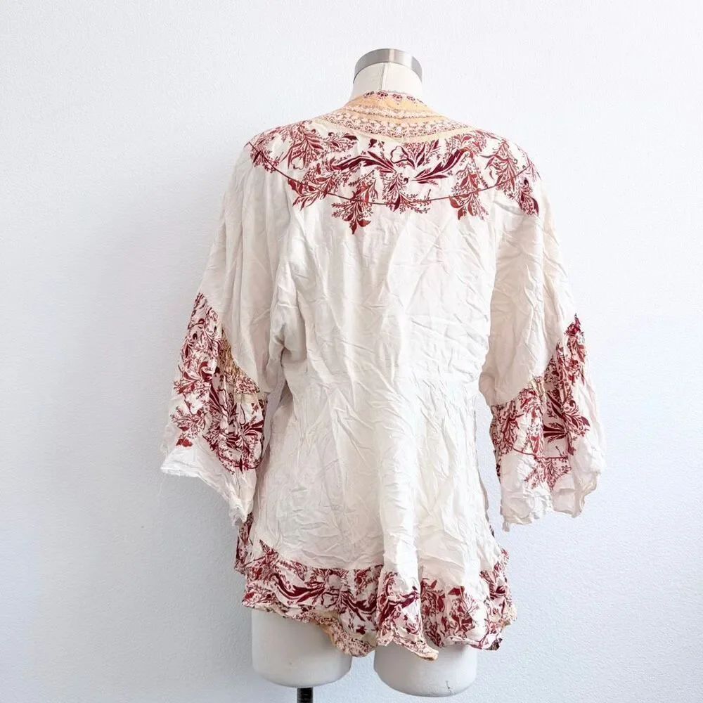 Free People Tunic Paisley Bell Sleeve Ruffle Swing Mini Dress White Red Small